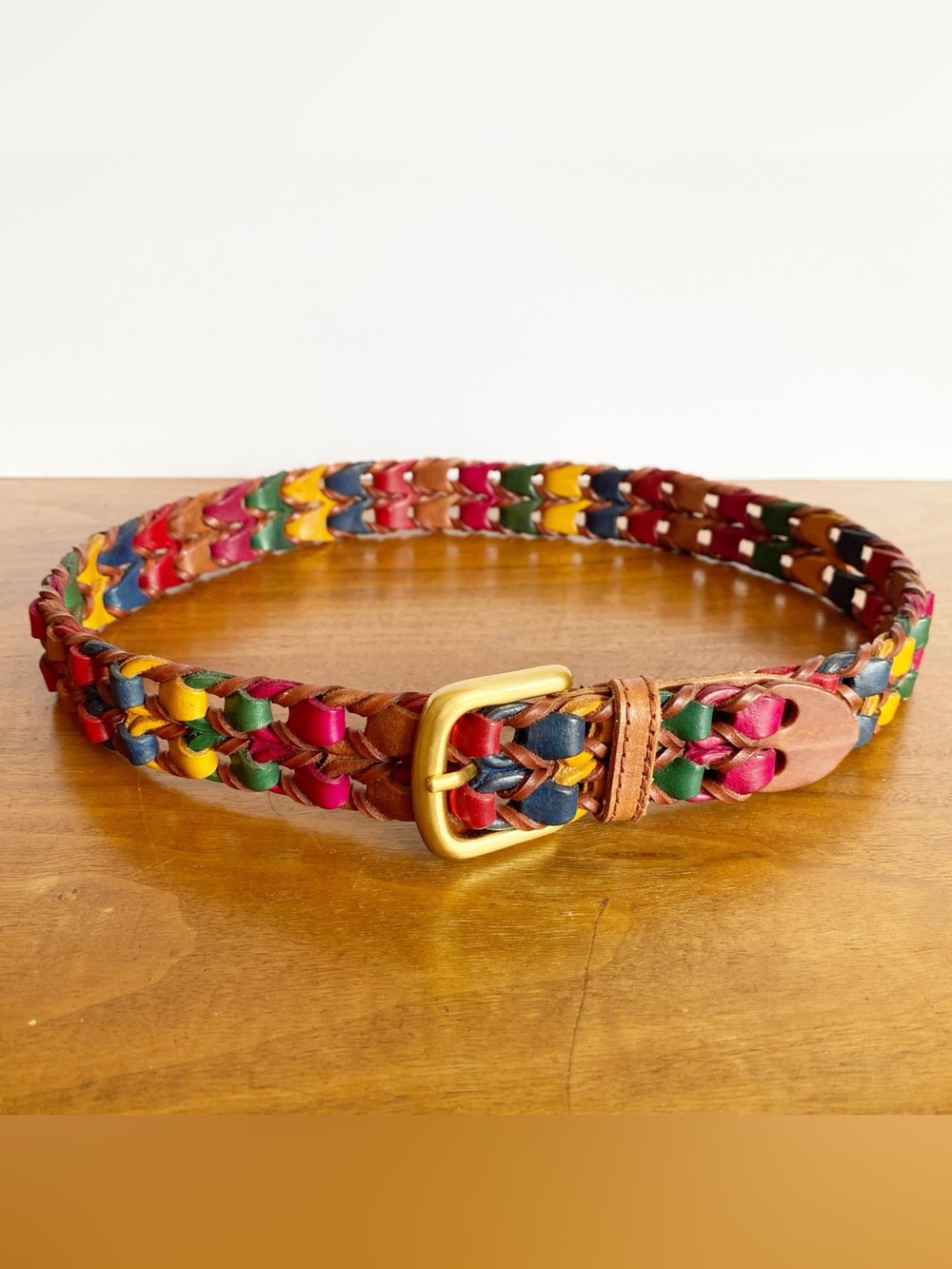 Vintage Leather Belt Women's Size 22"-31" Colorful Woven Italian Brass Buckle